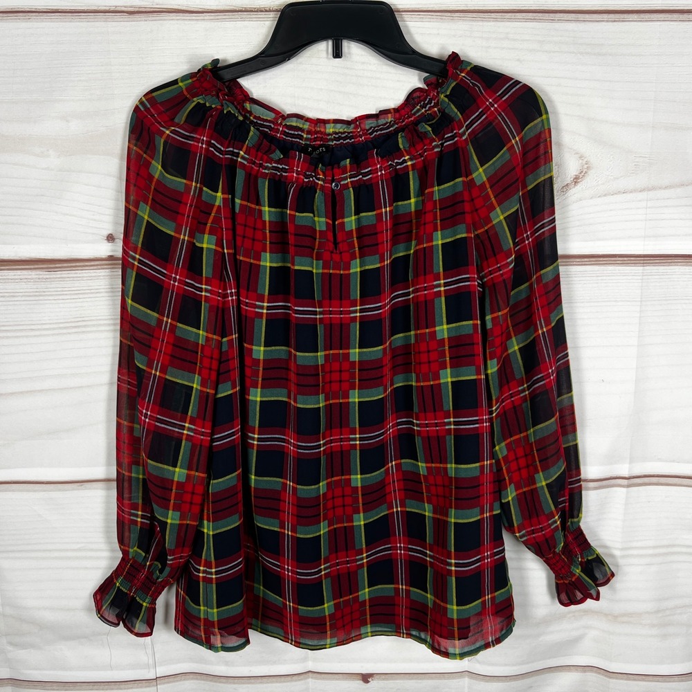 Talbots Plaid Blouse Womens XS Red Tartan Chiffon Keyhole Long Sleeve Holiday